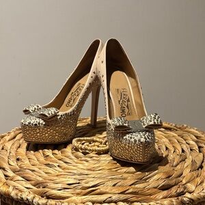 Salvatore Ferragamo Beige and Silver Studded Heels